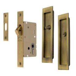Sliding Door Lock Set With Rectangle Privacy Turn -Doorway Designs Store Aged Brass Rectangular Flush Pull Privacy Set